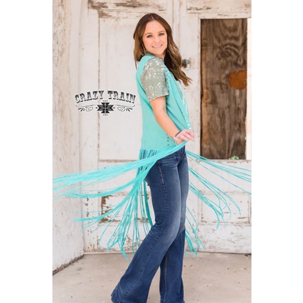 Crazy Train Fringe Studded Duster Turquoise - Picture 3 of 7